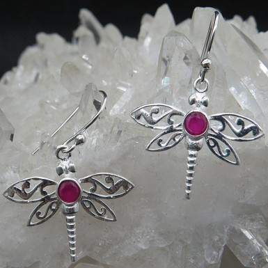 Pendientes libélulas rubí y plata